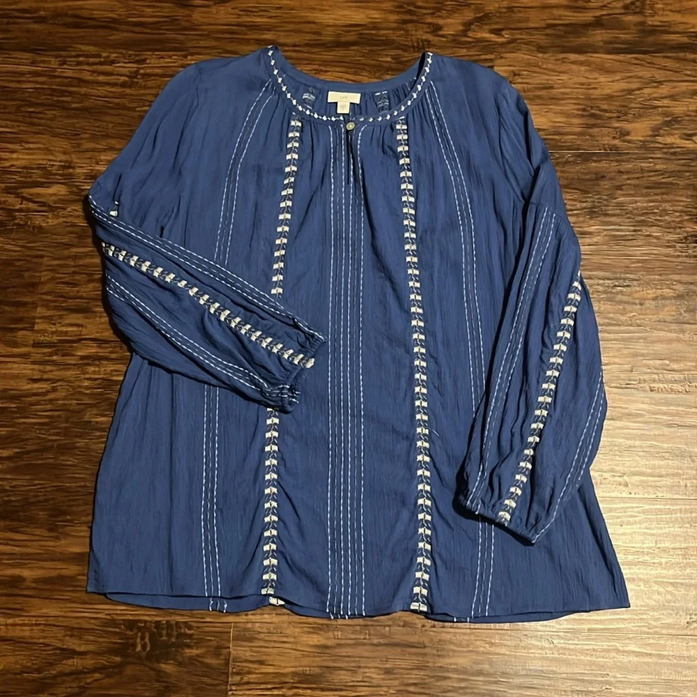 J. Jill Women’s Blue Embroidery Peasant Tunic  Top Balloon Sleeves Size Medium - Picture 3 of 6